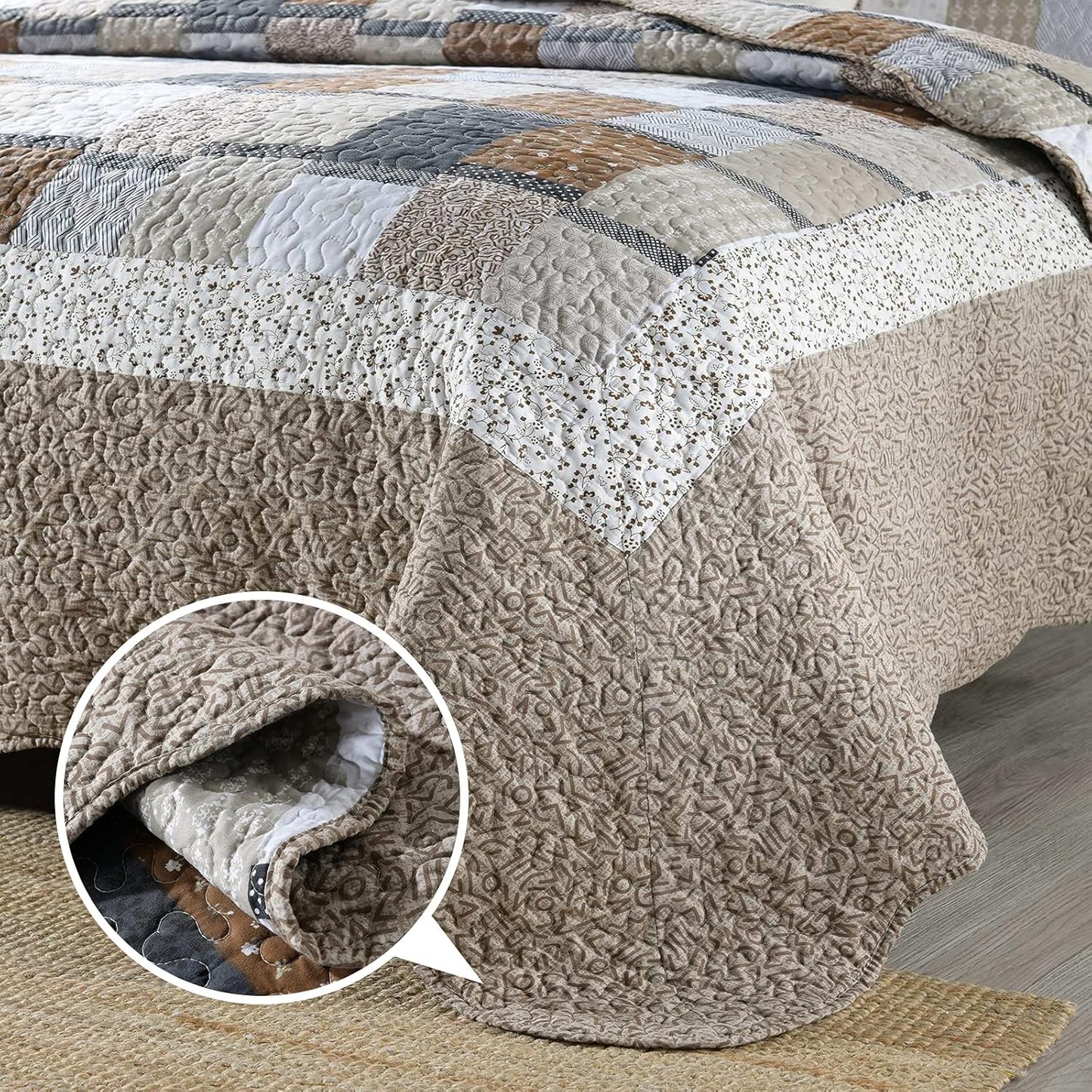 ENJOHOS Brown Plaid Floral Quilt Set King Size 98"x106", 3 Pcs Boho Bedspread Coverlet Set for All Season, Patchwork Reversible Bedding Set King