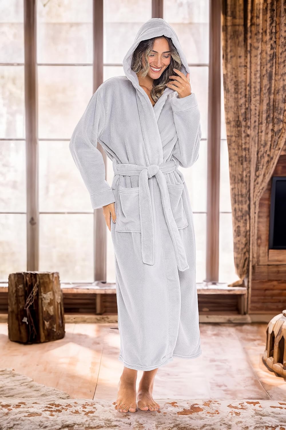 Alexander Del Rossa Womens Robe, Long Plush Bathrobe with Hood, Hooded Robes for Women Plus Size Bath Robe
