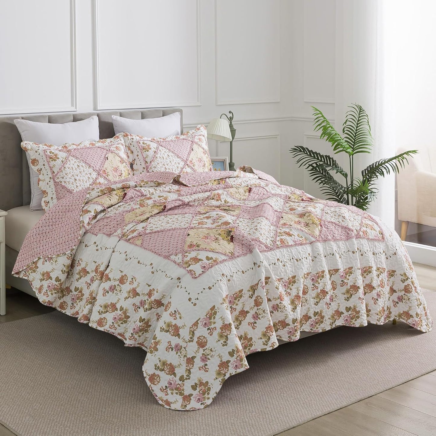 HoneiLife Quilt Set King Size - Fluffy Bedspreads 106x96, Microfiber Quilts 3-Piece, Patchwork Coverlet Rustic Bedding Sets All Season Quilts