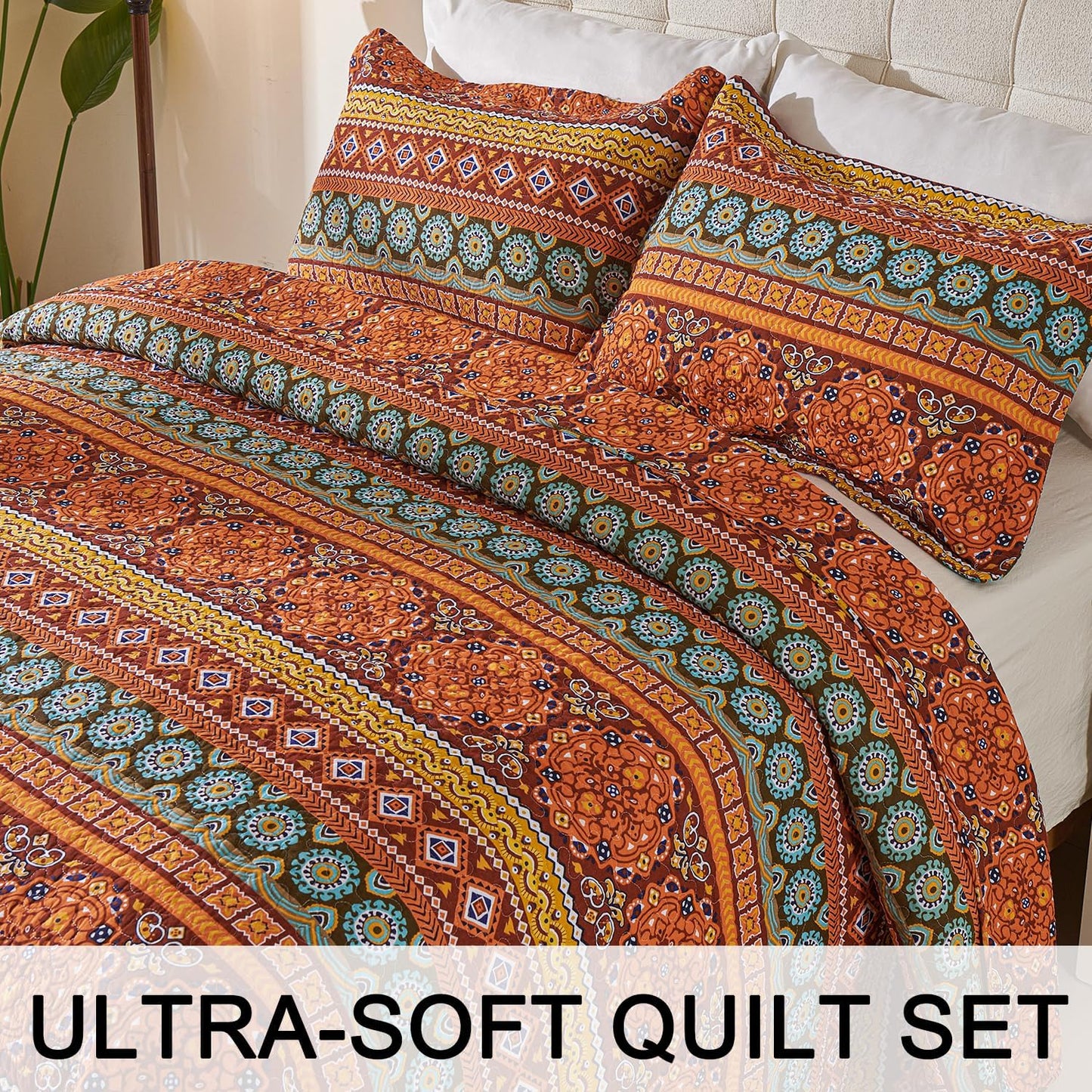 Cmfshape Orange Quilt Sets Bedspread Set 100% Cotton Boho Bedding Set, All Season Use Lightweight Reversible Coverlet Quilts with 2 Pillow Shams(Queen 92"x96")