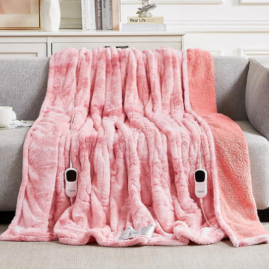 Homemate Electric Heated Blanket Queen Size - 84"x90" Heating Blanket Queen Size Dual Control 1/2/4/6/8 Hours Auto-Off 10 Heat Level Over-Heat Protection Luxury Faux Fur Sherpa ETL Certification