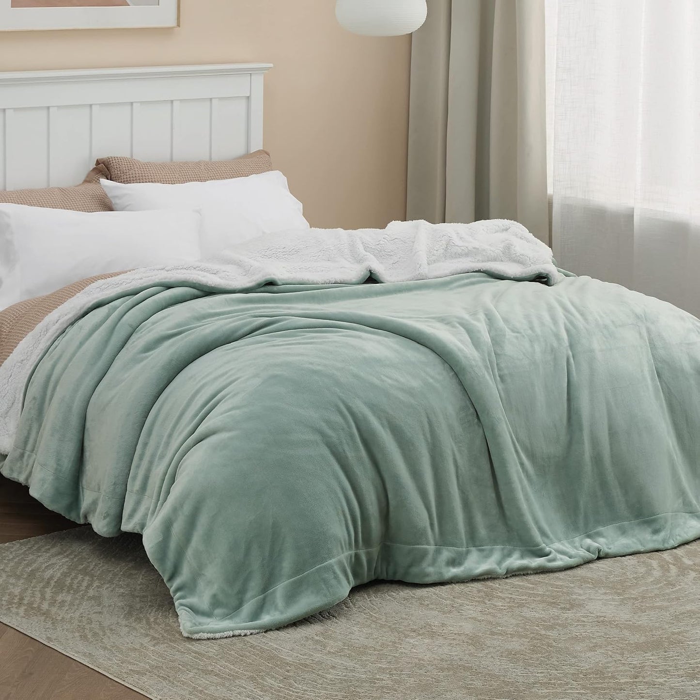 Bedsure GentleSoft Sherpa Fleece Blankets Queen Size for Bed - Thick and Warm Throw for Women and Men, Soft Fuzzy Plush Queen Blanket for Winter, Sage Green, 90x90 Inches