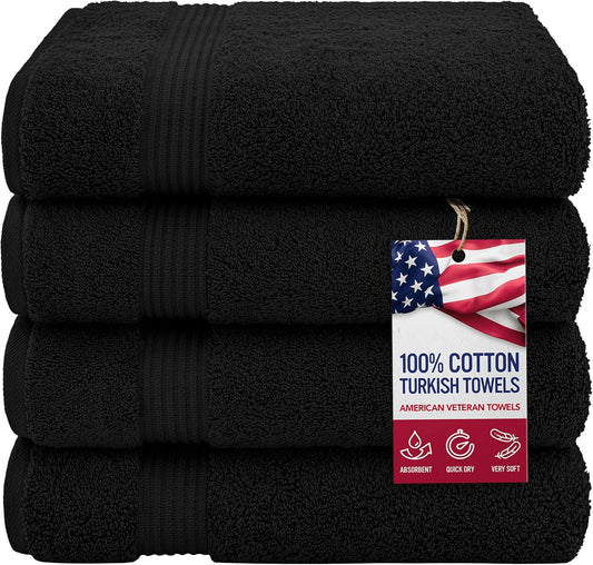 American Veteran Towel, 100% Cotton Turkish Bath Towels for Bathroom 4 Pack, 27x54 Extra Large Premium Soft Drying Bathroom Towels, Black