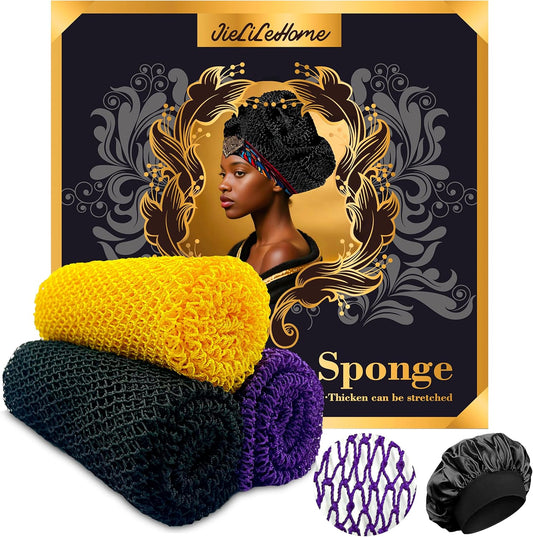 African Net Sponge Authentic,3Pack Loofah Exfoliating Body Scrubber Bath Sponge, Back Scrubber Washcloth for Shower,Gentle Exfoliator and Rich Lather for Women and Men (Black、Yellow、Purple)