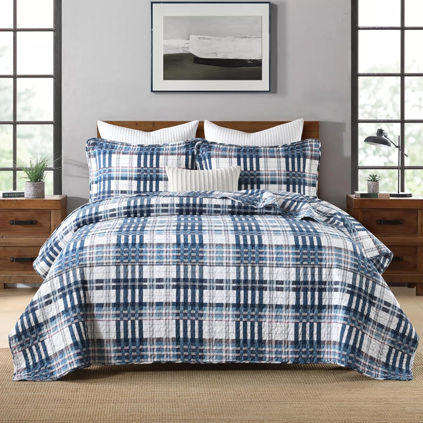Quilts Queen Size, Cotton Queen Size Comforter Set, Blue White Striped Bedding Sets, Plaid Queen Bedspread,Striped Bed Set Lightweight Reversible All Season 3 Piece