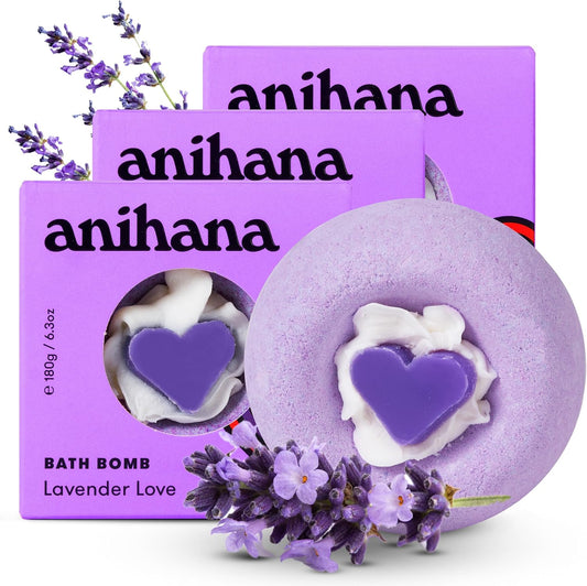 ANIHANA Bath Bombs with Coconut Oil, Paraben Free, Hand-Crafted Luxury Fizzers, Refreshing Lavender Love Scent, 6.3 oz Each, 3 Pack