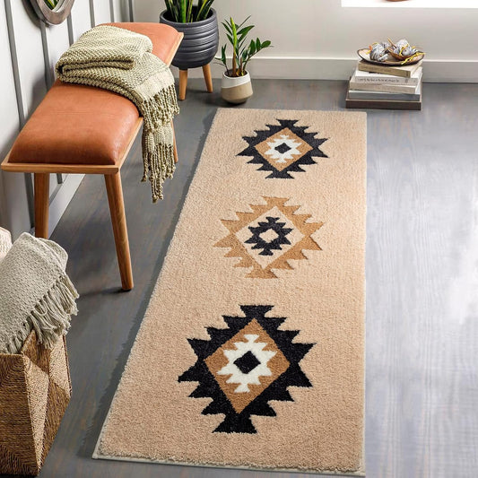 DEXDE Bathroom Runner Rugs 20x72 Long Boho Bath Mats for Bathroom Bedroom Hallway Kitchen Shower Luxury Soft Absorbent Bath Rugs Large Geometric Carpet Western Farmhouse Home Decor, Beige