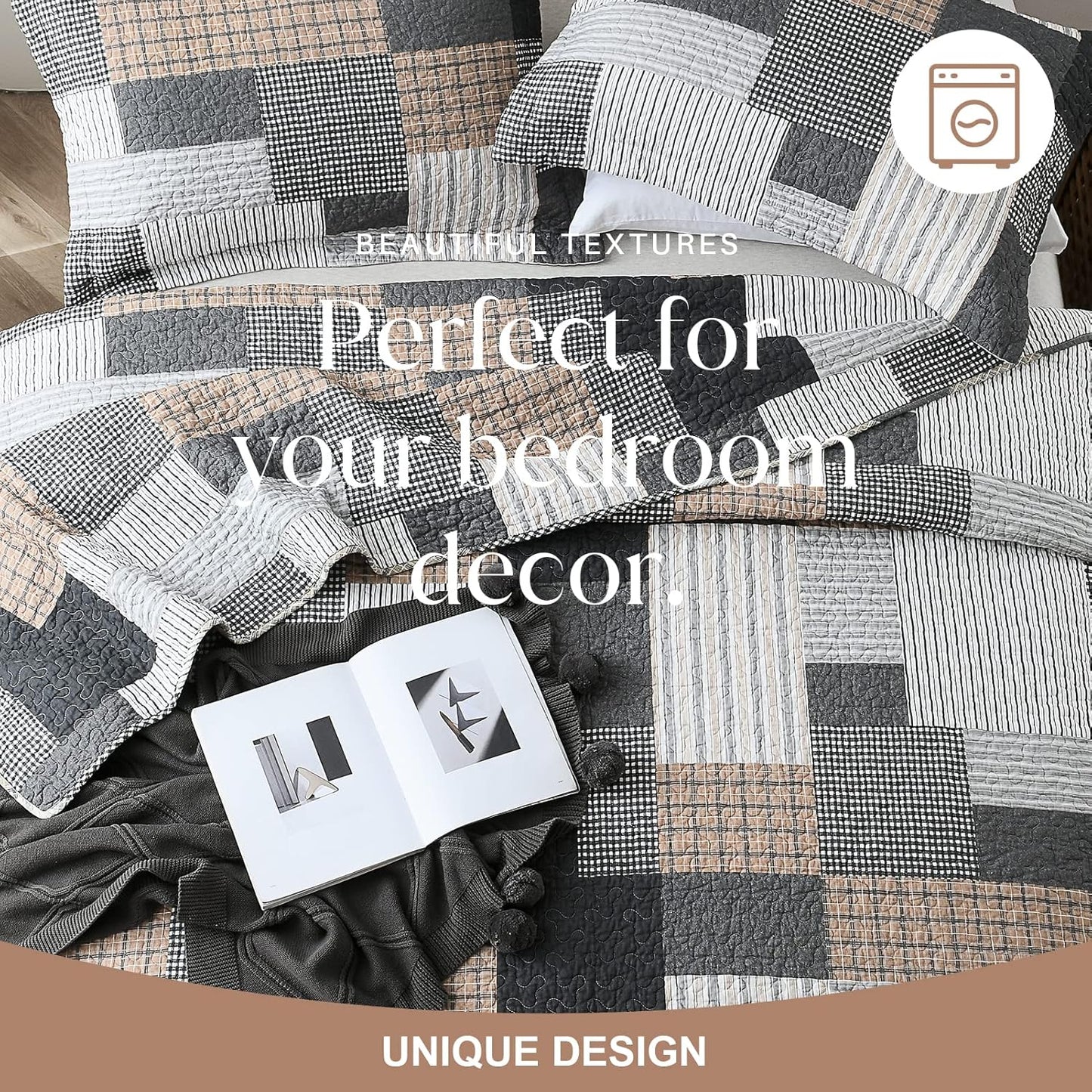 Y-PLWOMEN Quilts Queen Size - 3 Piece Cotton Quilt Set, Lightweight Bedspreads, Farmhouse Plaid, Reversible, All Season, Grey, Black, Brown, White