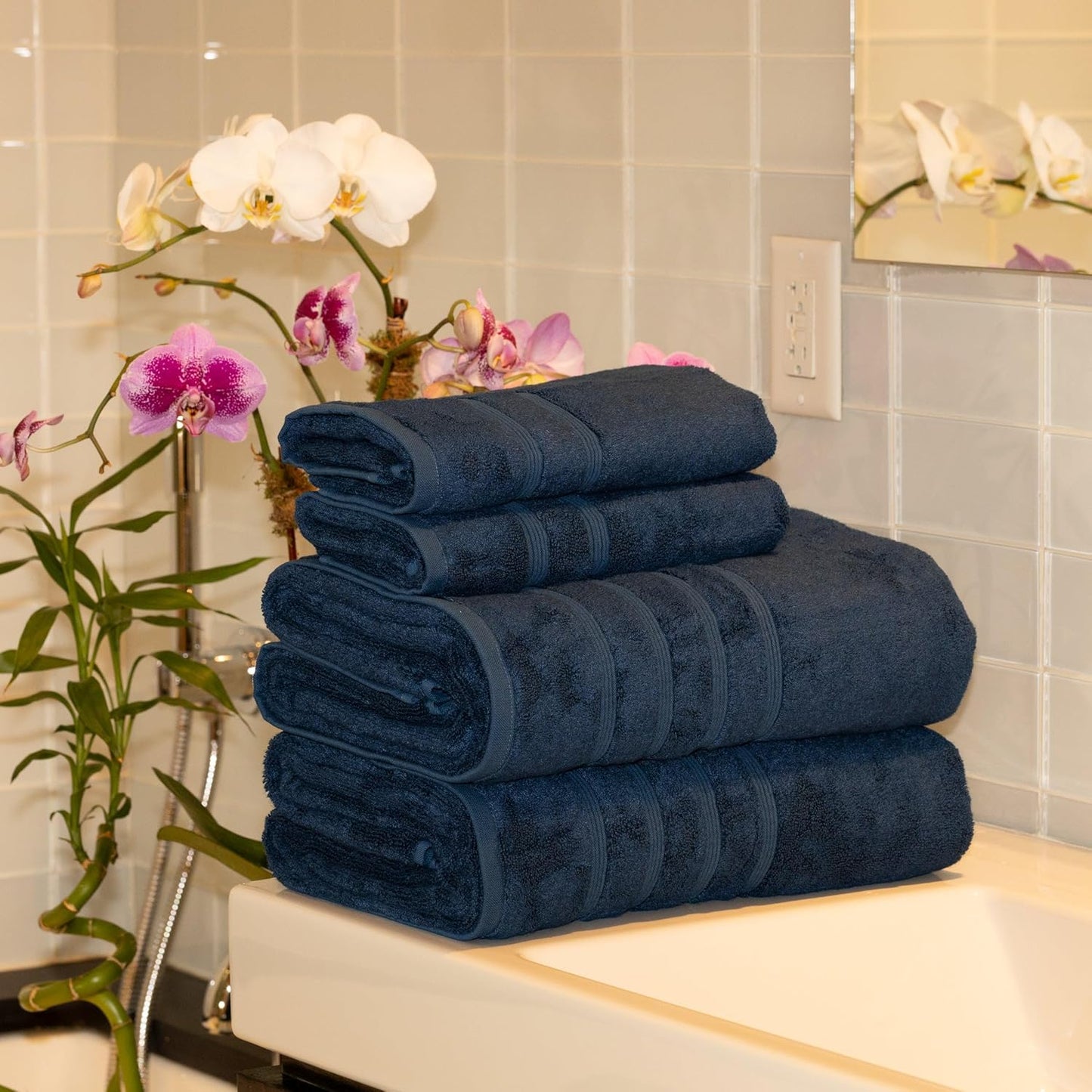 Mosobam Luxury Turkish 4pc XL Towel Set 35X70 16X30 Navy Blue Oversize 700 GSM Bamboo Viscose & Aegean Turkish Combed Cotton