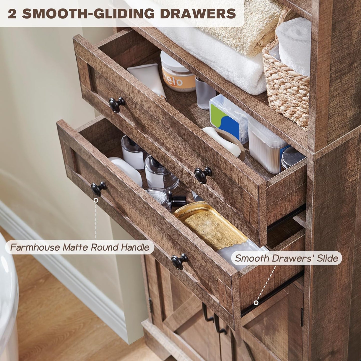 ACCOHOHO Farmhouse Bathroom Cabinet, 72" Tall Storage Cabinet with 2 Drawers, Adjustable Shelves & Barn Door, Cabinets for Bathroom, Living Room, Kitchen, Rustic Brown