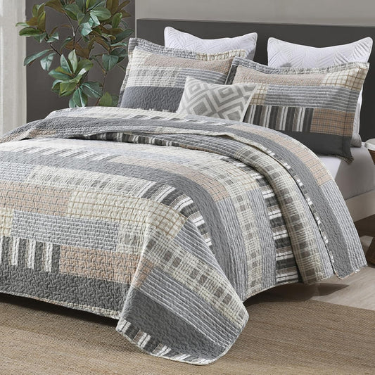Farmhouse King Quilt Set - 100% Cotton Patchwork Striped Plaid King Size Quilt Bedspread, Grey Brown Beige Lightweight Reversible Coverlet Bedding Set with 2 Pillow Shams, All Season-98x90