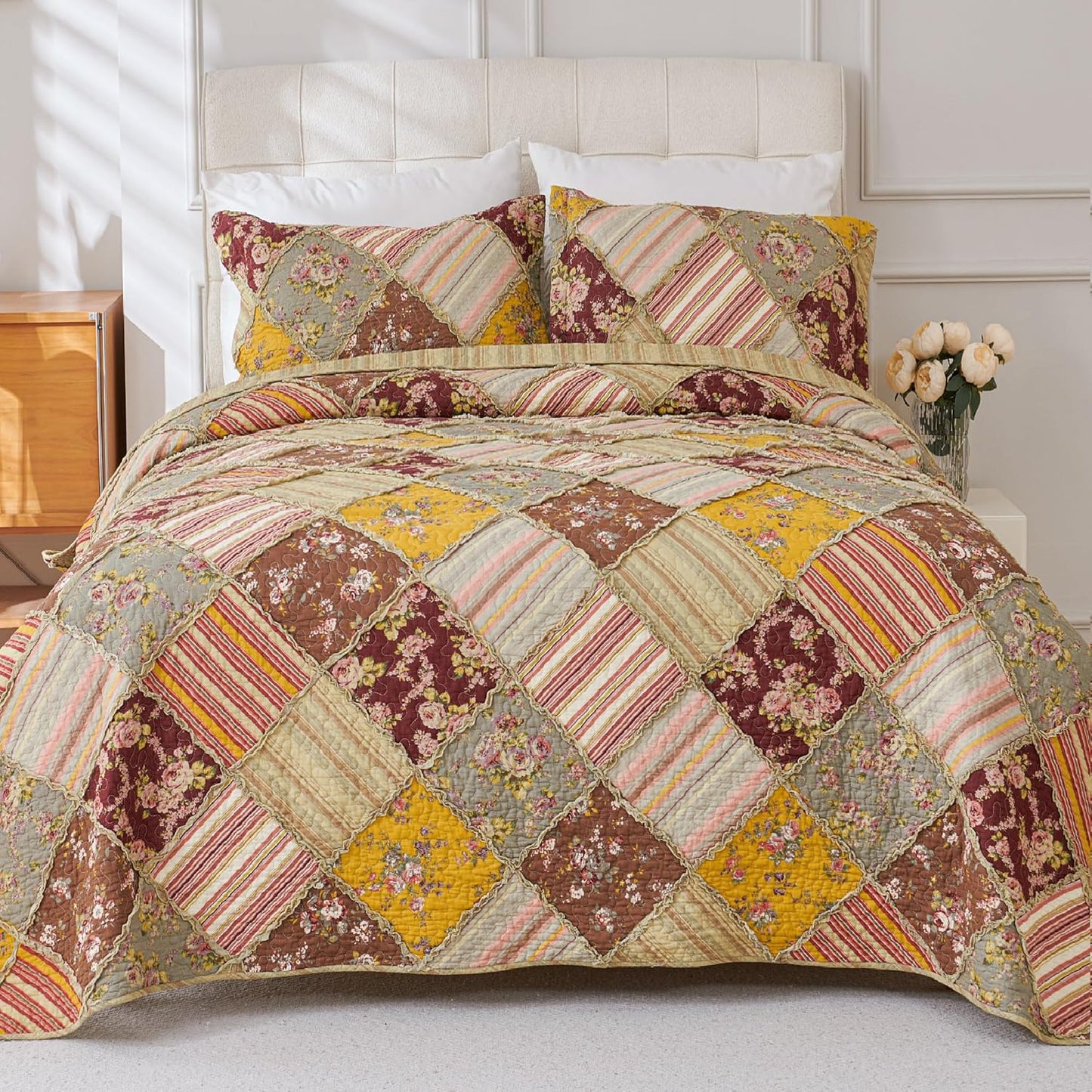 Cmfshape Floral Quilt Sets Bedspread Set 100% Cotton Patchwork Bedding Set, All Season Use Lightweight Reversible Coverlet Quilts with 2 Pillow Shams(Queen 92"x96")