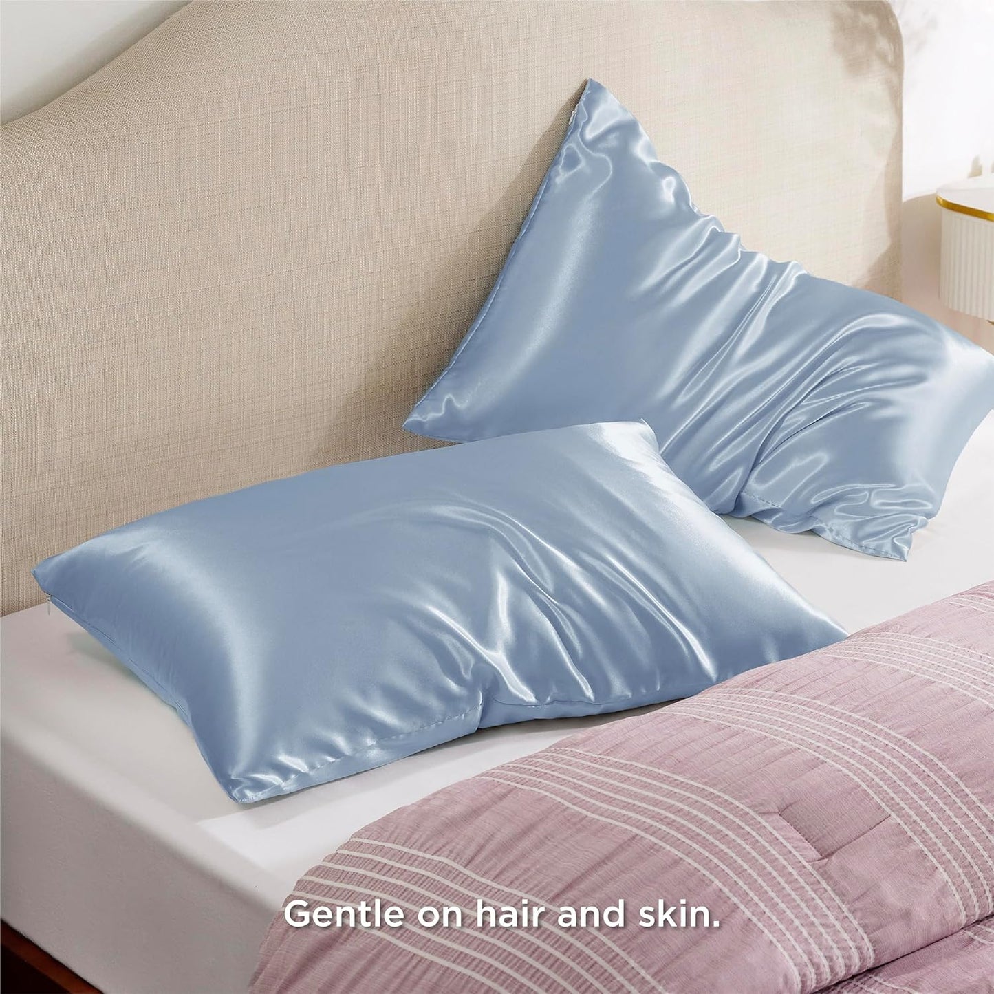 Bedsure Satin Pillowcase with Zipper, Similar to Silk Pillow Cases 2 Pack, Silky & Soft Satin Pillow Cases Standard Size for Hair and Skin, Stone Blue Pillow Covers, Gifts for Women Men, 20x26 Inches