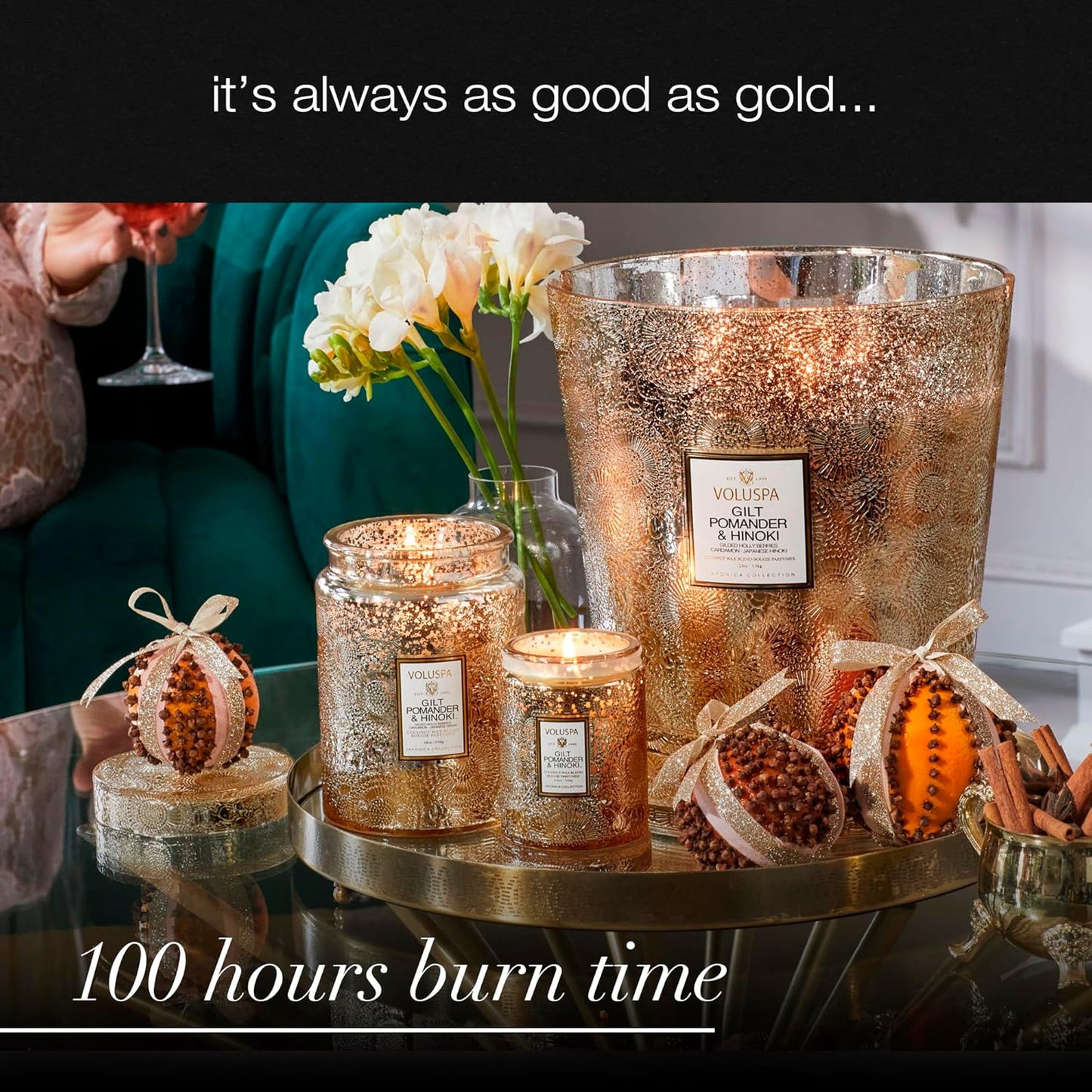 Japonica Collection Large - Gilt Pomander and Hinoki Reed by Voluspa for Unisex - 18 oz Candle