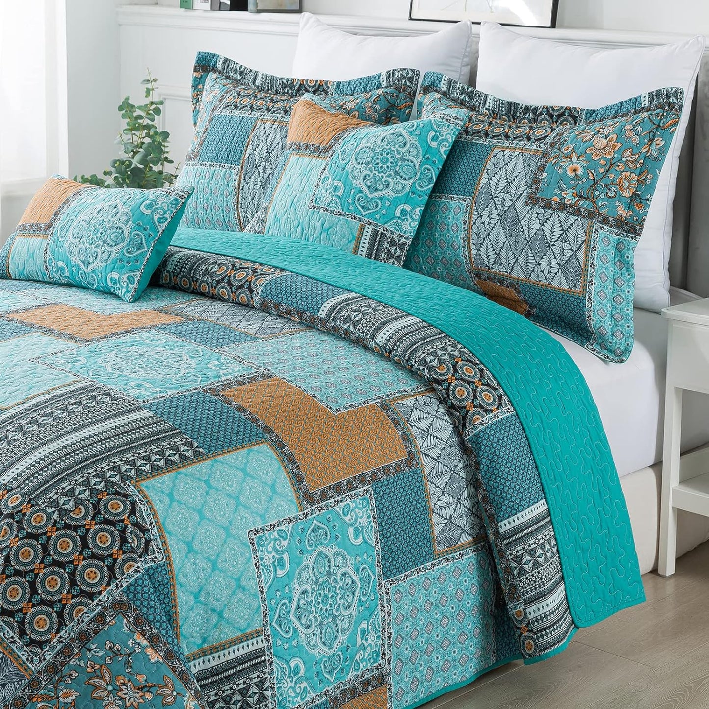 BEDIFANY Cotton California King Size Quilt for Farmhouse- Teal Oversized King Bedspread Set - Highly-Woven Soft Lightweight Coverlet for All Seasons, 3 Pieces