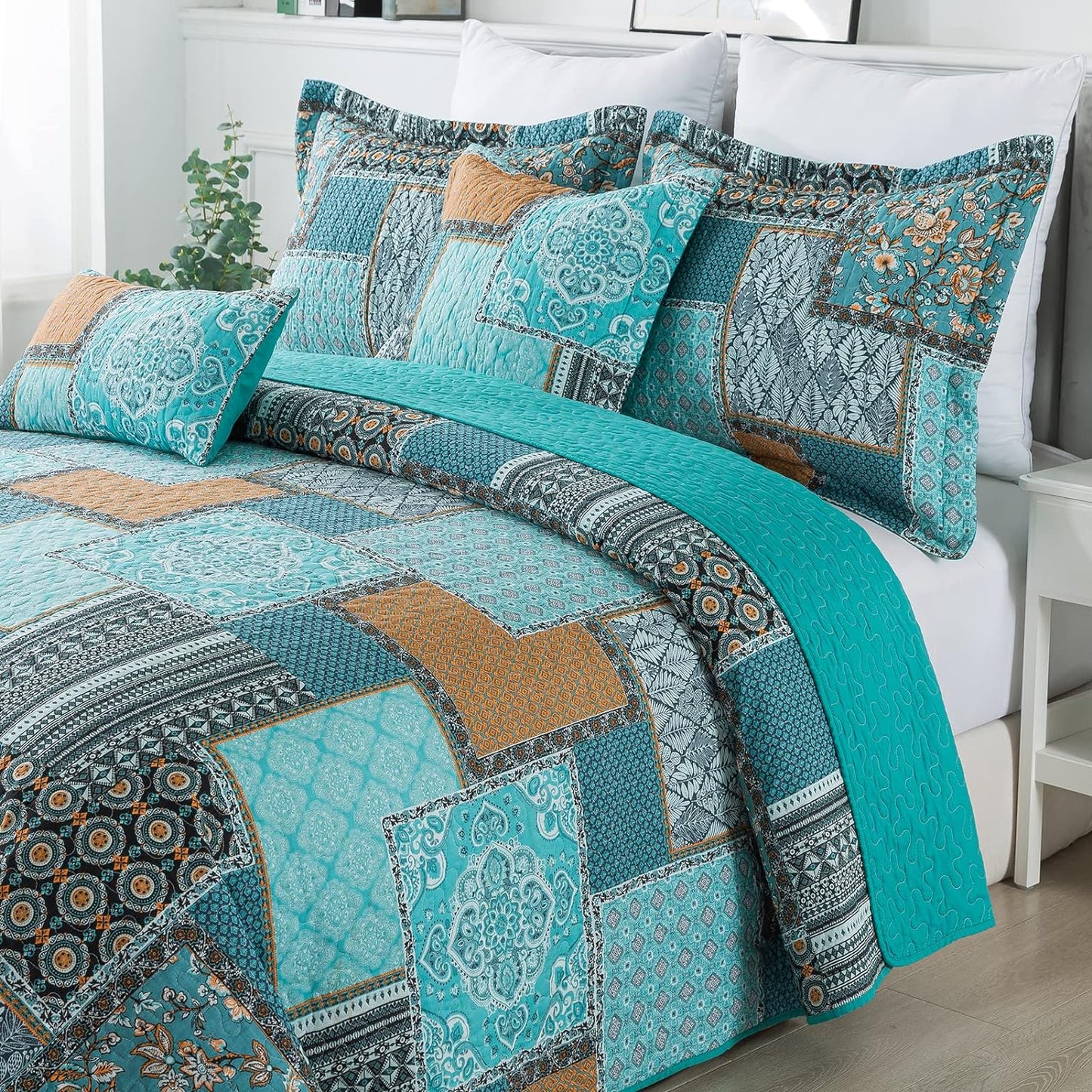 BEDIFANY Cotton Queen Size Quilt, Lightweight Bedspread Queen Size, Teal, Quilted Coverlets Queen Quilt Bedding Sets for Bed Decorations for All Seasons. 3 Pieces