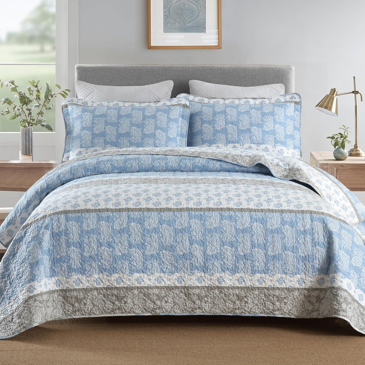 Cotton Quilts Queen Size, Blue Comforter Set, Farmhouse Striped Bedspreads Queen Size,Bohemian Bedding Comforter Sets,All Seasons 3 Pieces