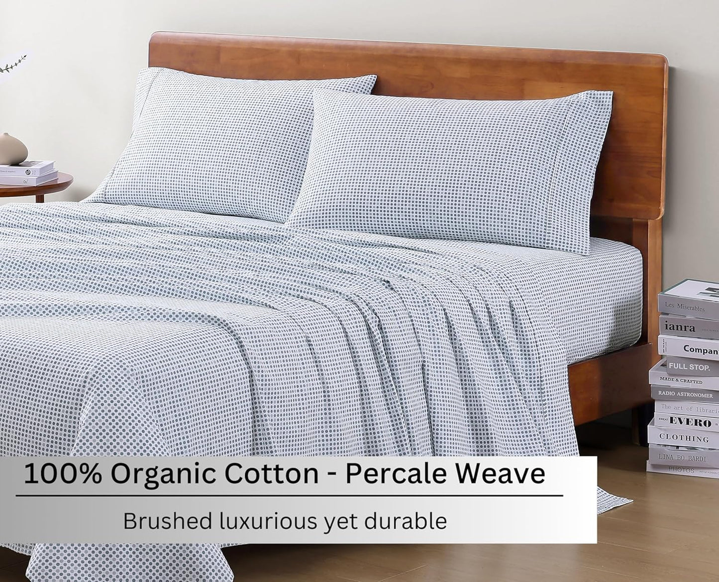 LANE LINEN 100% Organic Cotton Full Sheets Set Soft & Comfy Percale Long Staple Soft Bedding Breathable Fully Elasticized Mercerized Printed Cotton Full Size Set - Polka Dot