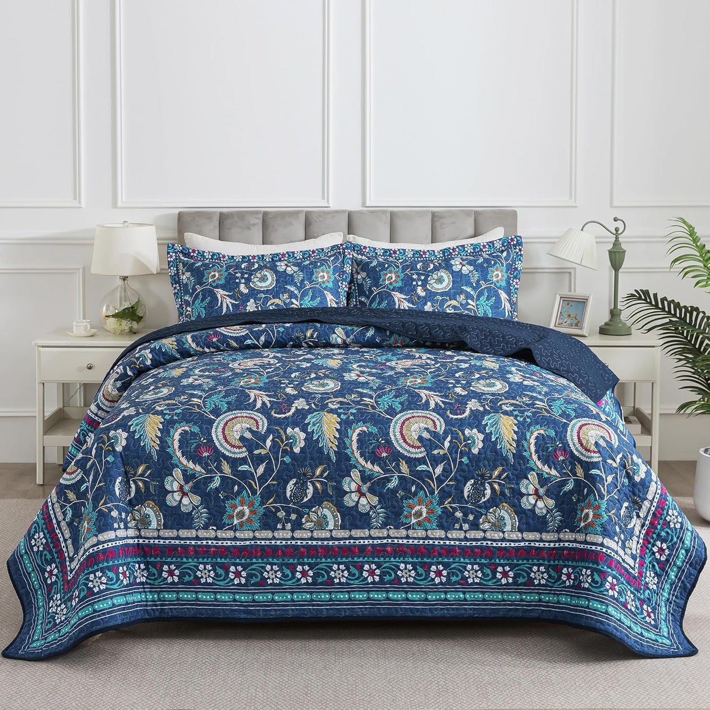 HoneiLife Queen Quilt Bedding Sets - Floral Quilt Bedding Sets 3-Piece 90x96, Microfiber Reversible Bedspreads Patchwork Coverlet Rustic Bedding Set All Season Quilts