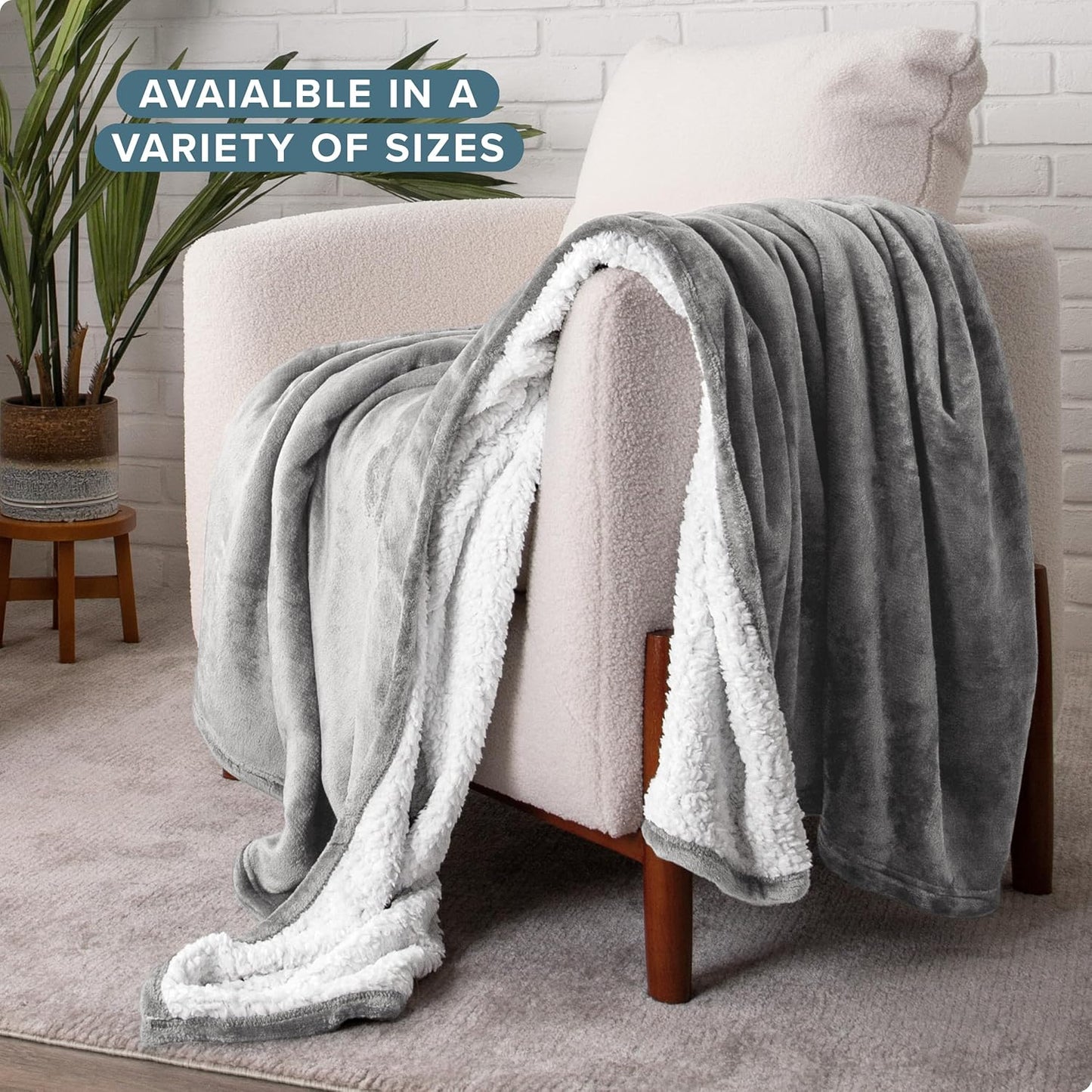 Bare Home Sherpa Fleece Blanket - Throw/Travel Size - Blanket for Bed, Sofa, and Couch - Warm & Lightweight - Fluffy & Soft - Reversible (Throw/Travel, Light Grey)