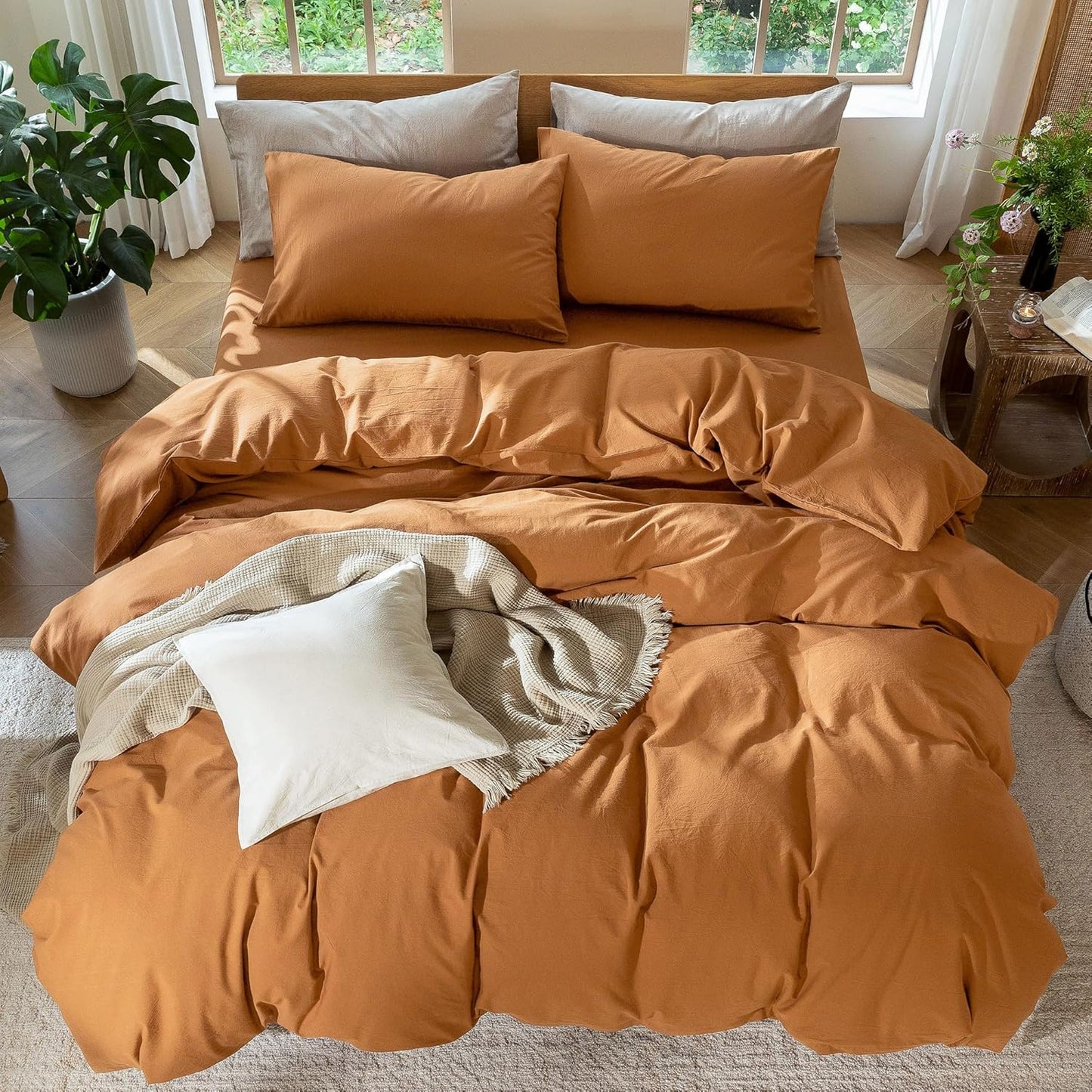 MooMee Bedding Duvet Cover Set 100% Washed Cotton Linen Like Textured Breathable Durable Soft Comfy (Solid Burnt Orange, Twin 68"x90")