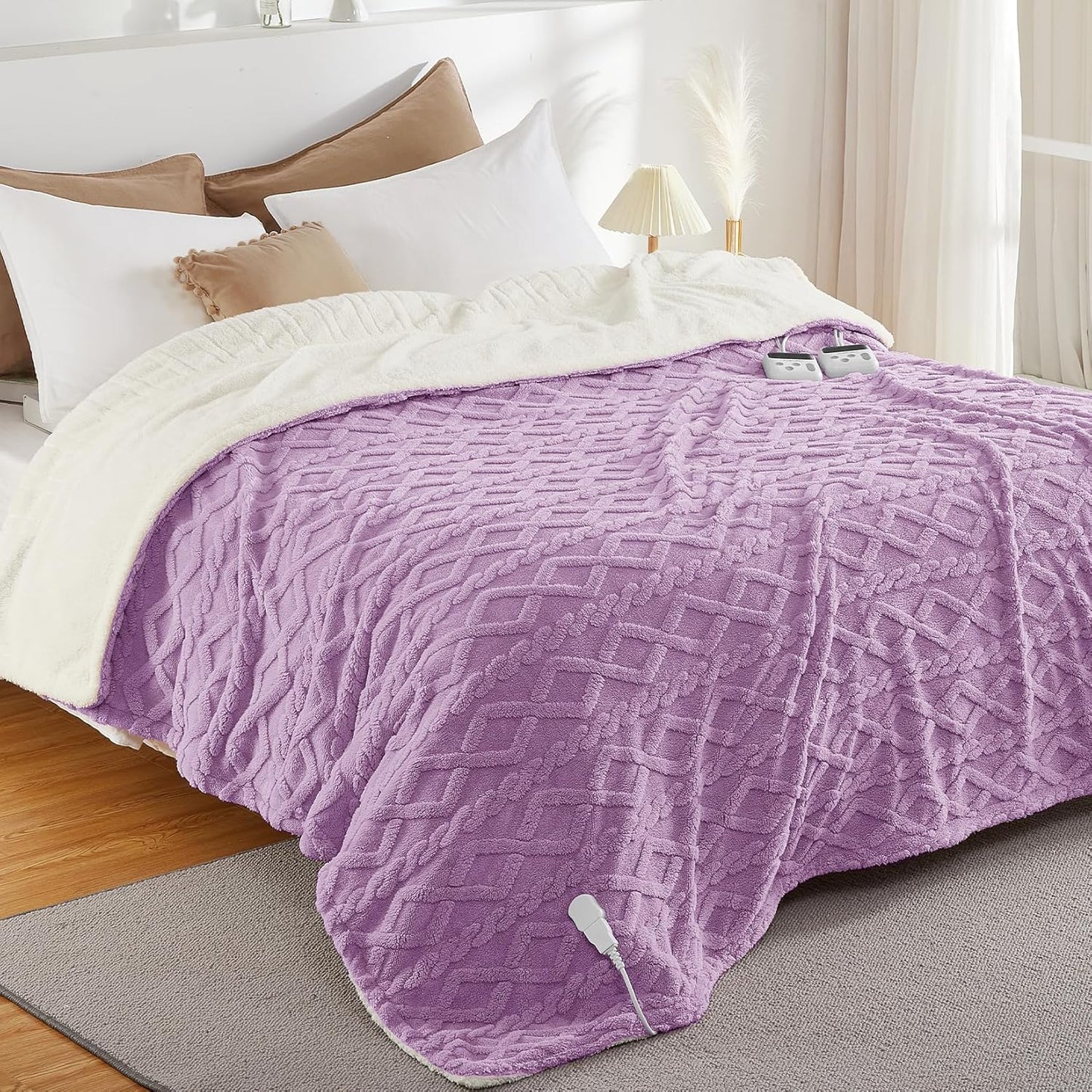 CAROMIO Electric Blanket Queen Size Dual Control - Thick Tufted Sherpa Heated Blanket with 10 Heating Levels and 10 Time Settings, ETL Certified Fast Heating Blanket Queen Size 84"×90", Purple