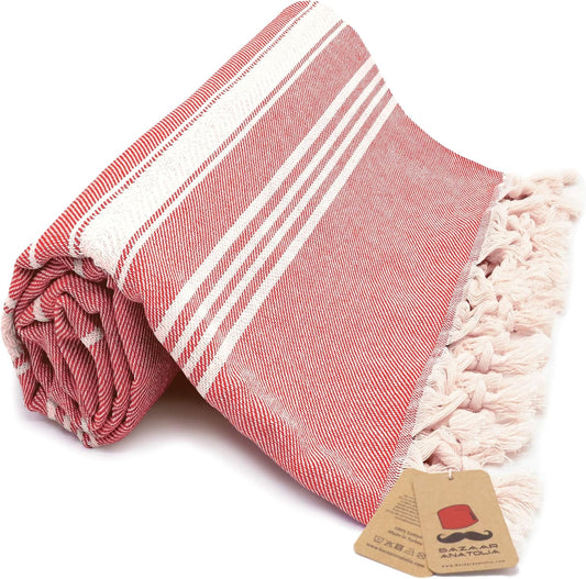 Bazaar Anatolia Turkish Beach Towel – 100% Cotton, Quick Dry, Sand Free Towel for Bathroom, Travel, Camping – Oversized 71x39 Inches – Stripe Red