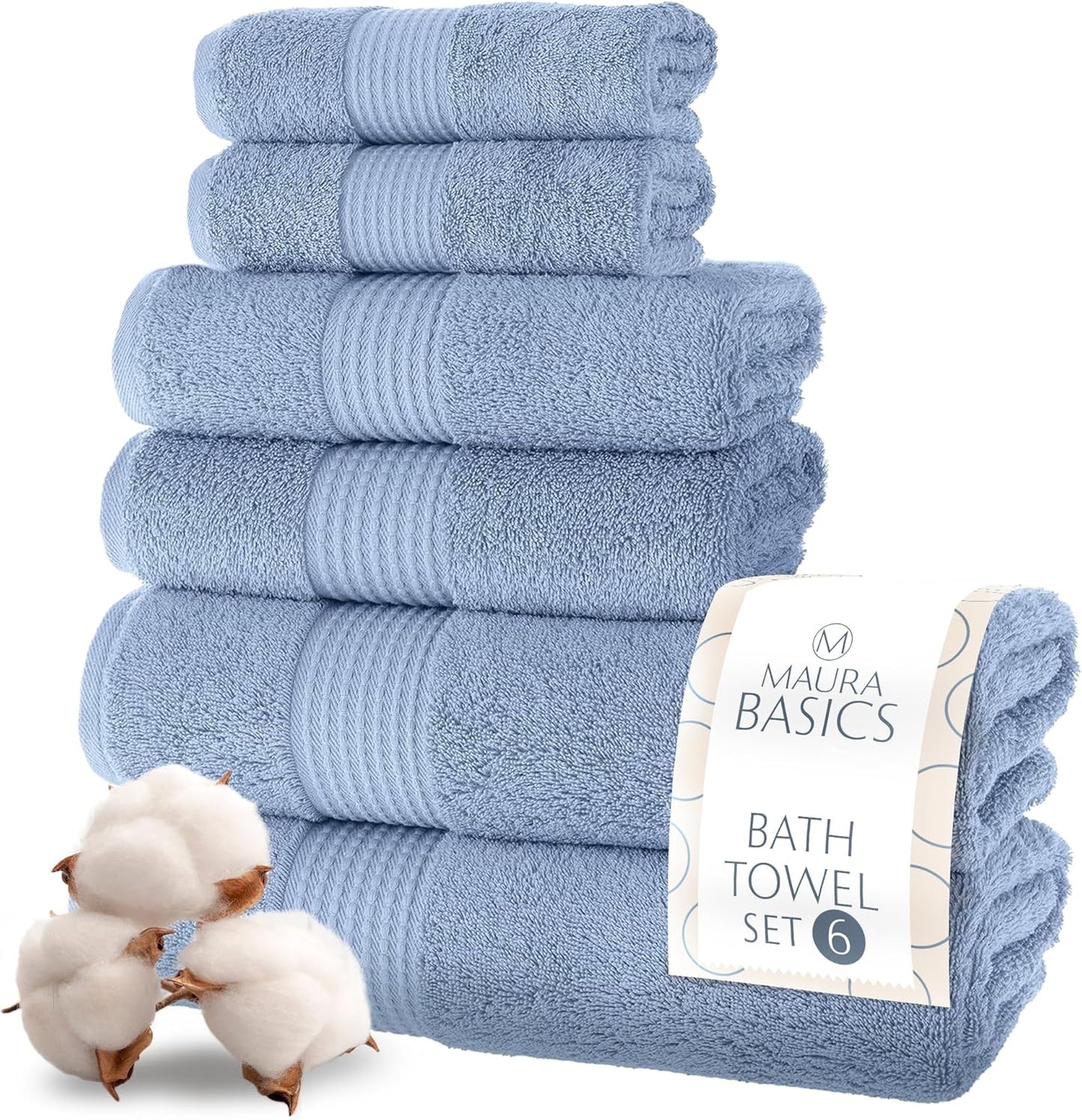 MAURA Basics Bath Towel Sets for Bathroom with Hanging Hook Loops. 2 Bath Towels, 2 Hand Towels, 2 Washcloths, Soft, Durable, Long Lasting and Absorbent Towels Set, Blue Gray