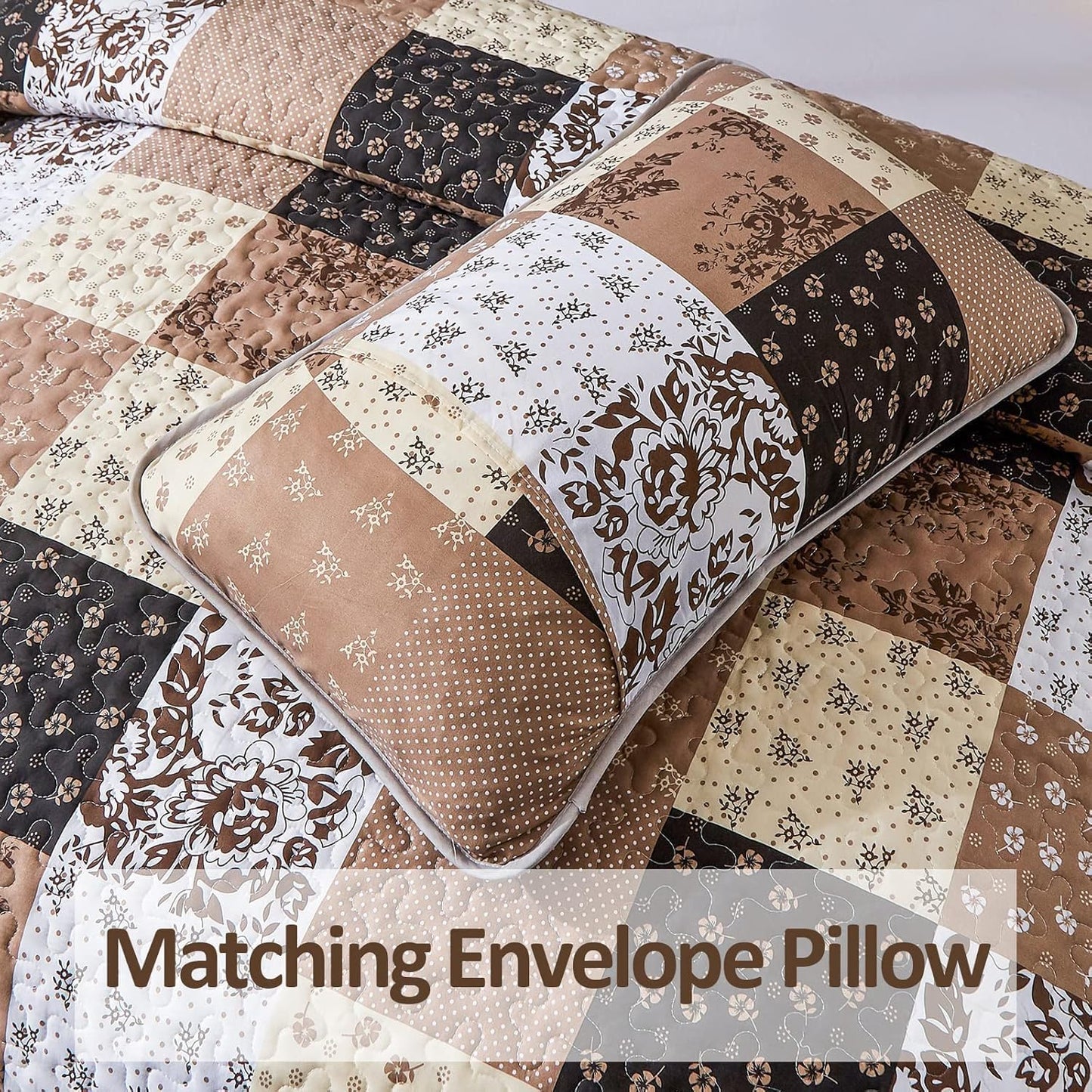 Mybedsoul Brown Quilt Set Full Size, 3 Pieces Plaid Floral Bedspread Set Patchwork Reversible Bedding Set Microfiber Lightweight Bedspread Coverlet Set for All Season 78"x90"