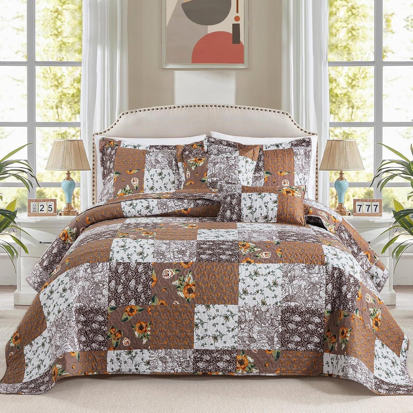 BEDIFANY Cotton Filling Queen Quilt Set - Reversible Farmhouse Bedspreads Queen Size with 2 Pillow Shams - Lightweight Queen Size Quilt Bedding Sets, 3 Pieces (90 x 98 inch)