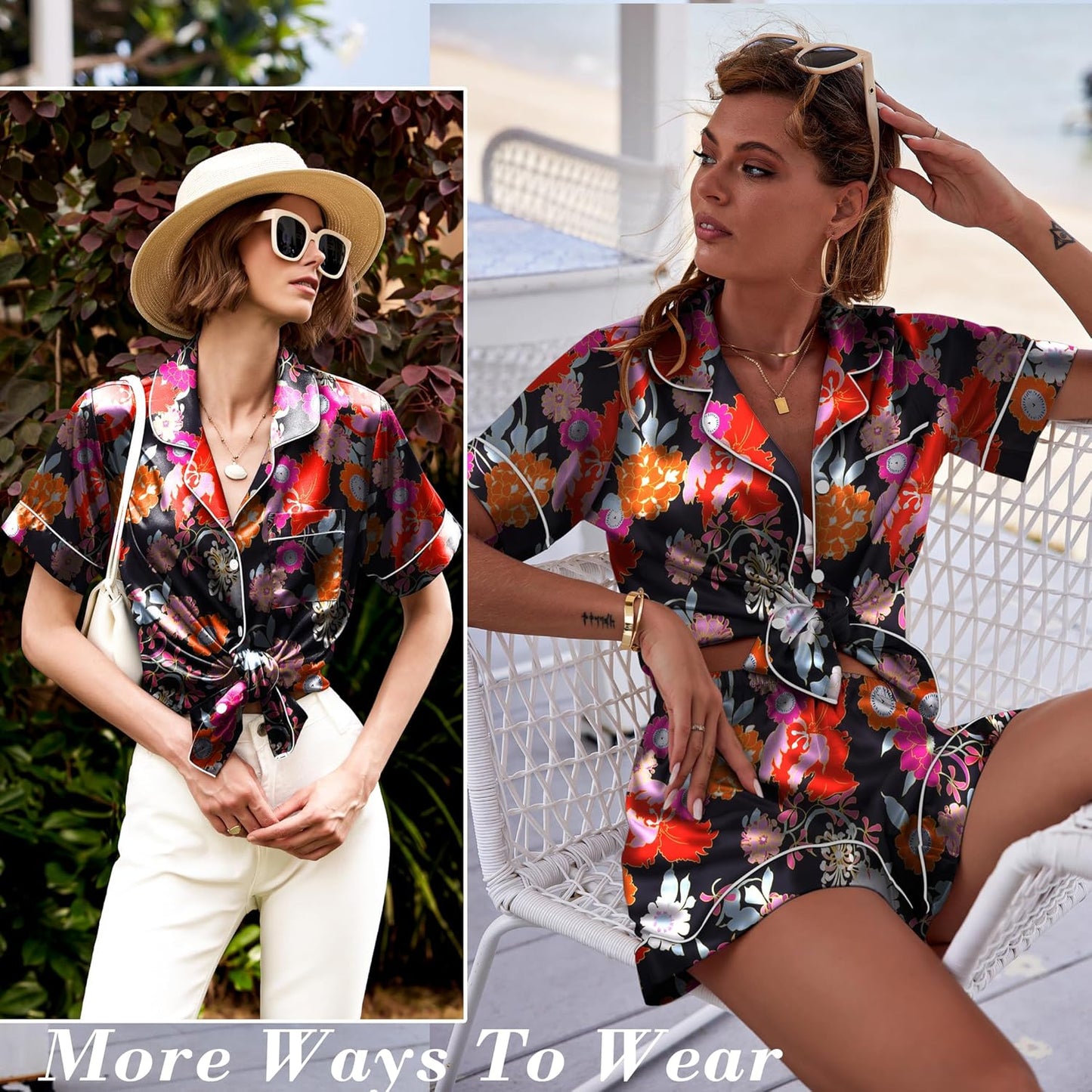 Ekouaer Pajamas for Women Set Silk Satin Pjs Shorts Sleepwear 2 Piece Loungewear S-XXL