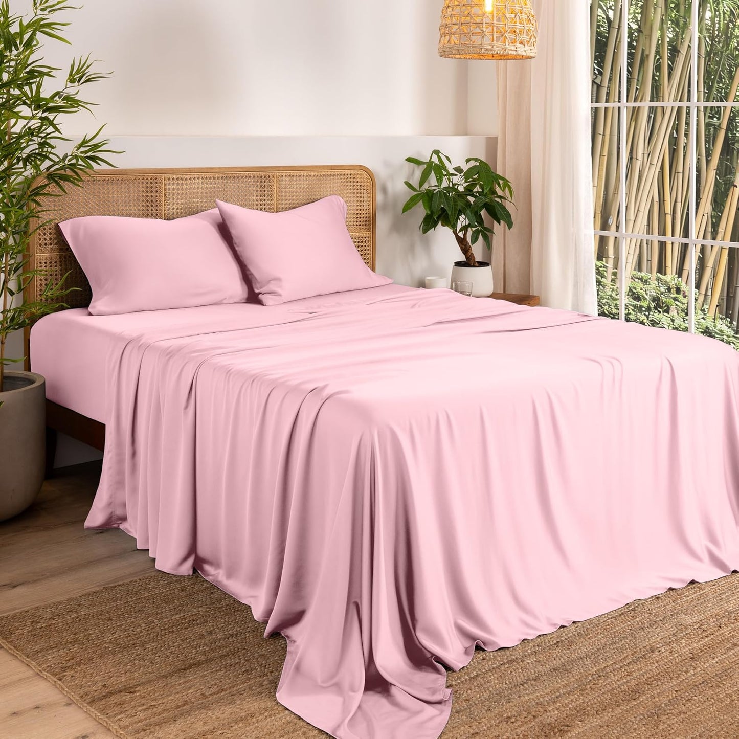 Bare Home 100% Rayon Made from Bamboo Split Head Flex King Sheet Set - 5 Piece Bedding Set - Deep Pockets - Breathable - Easy Fit - Bedding Sheets & Pillowcases (Split King, Light Pink)