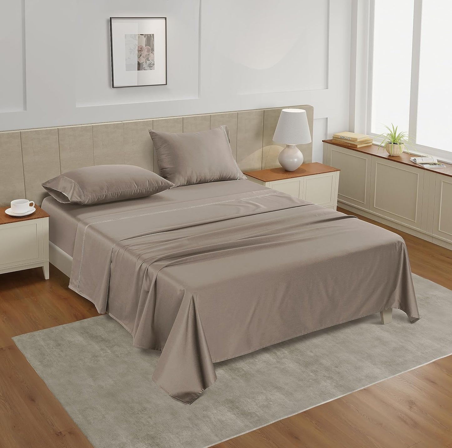 LANE LINEN Split King Sheet Set – 450 Thread Count 100% Cotton Cooling Sheets, Soft Breathable Sateen Weave, 15” Deep Pocket Fully Elasticized Fitted Sheet, Luxury Bedding Sheets & Pillowcases, Taupe