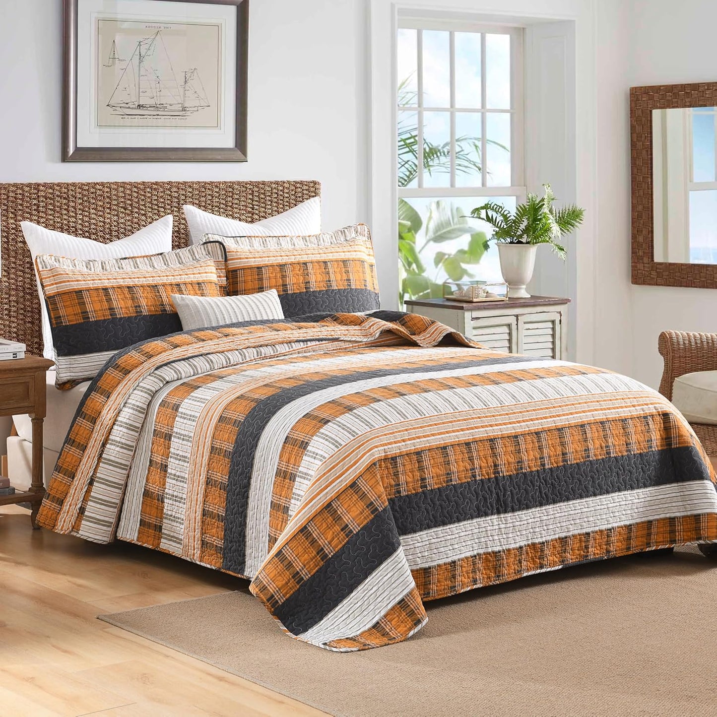 Homzard Queen Comforter Set，Cotton Quilts Queen Size，Caramel Orange Black Bedding，Plaid Striped Bedspread，Lightweight Reversible Bed Set 3 Pieces