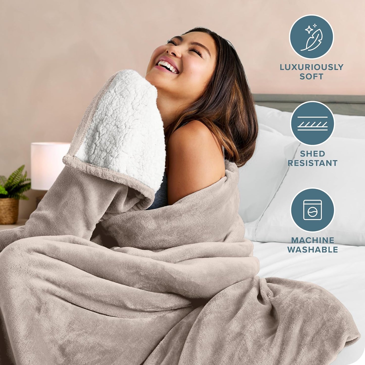 Bare Home Sherpa Fleece Blanket - King Size - Blanket for Bed, Sofa, and Couch - Warm & Lightweight - Fluffy & Soft - Reversible (King, Light Taupe)