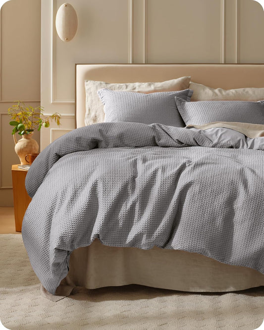 Bedsure Cotton Duvet Cover King - 100% Cotton Waffle Weave Grey Duvet Cover King Size, GentleSoft™ and Breathable Bedding Set for All Season, 3 Pieces, 104"x90"
