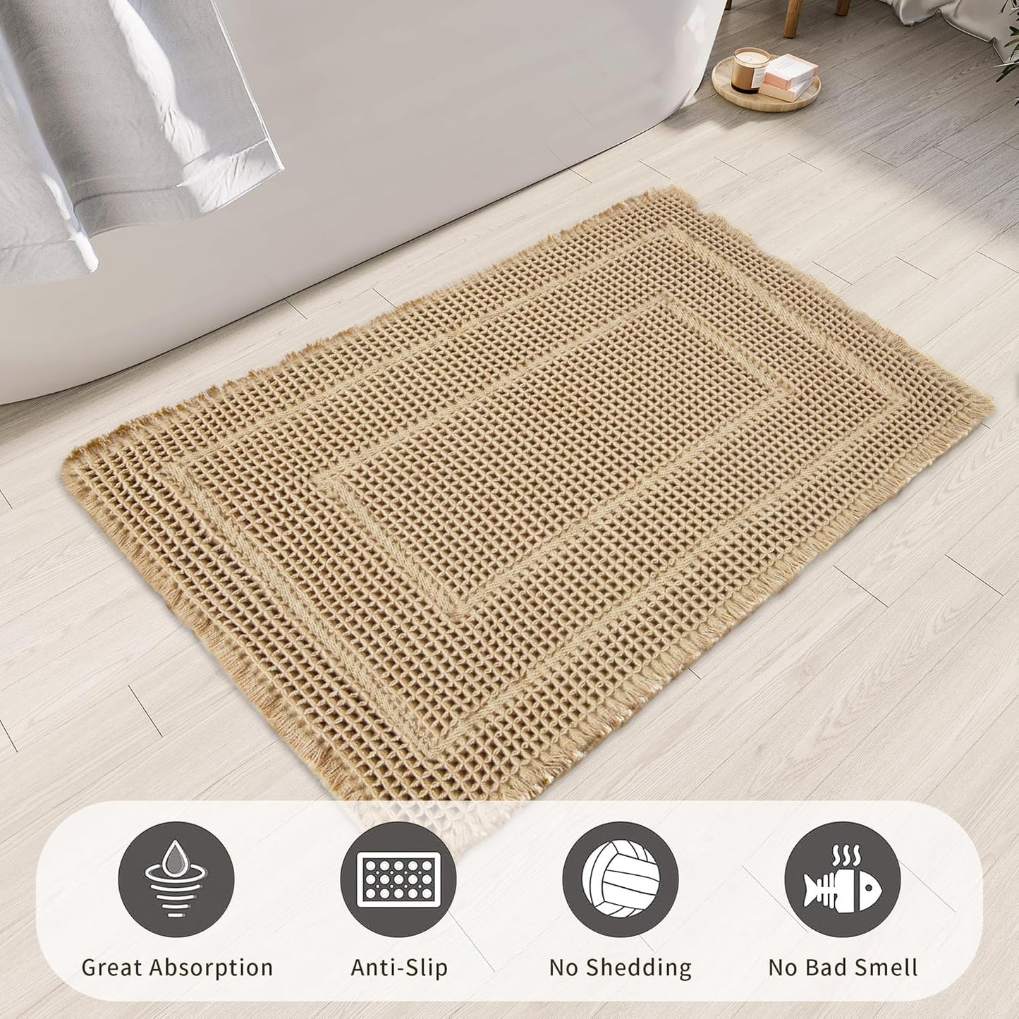 Bath Rugs Mat,Upgraded Waffle Bath mat,Super Absorbent Non Slip Bath Rugs,Machine Washable Rugs for Shower romm, Rubber Backing Boho Mats, Ultra Soft,Brown,17"*24"