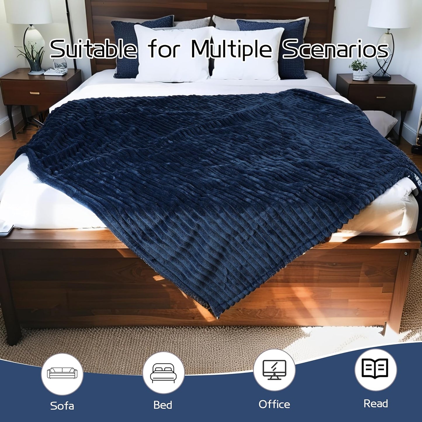 Electric Heated Blanket Full-Size 72x84 Inch - Ultra Soft Silky Flannel with Ribbed Texture, 10 Heating Levels and 12 Hours Auto-Off Feature - Navy Blue
