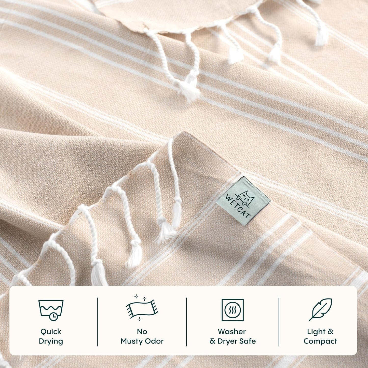 WETCAT Turkish Hand Towels with Hanging Loop, Set of 2 (20" x 30") 100% Turkish Cotton, Pre-Washed, Quick Drying, for Kitchen or Bathroom - Beige