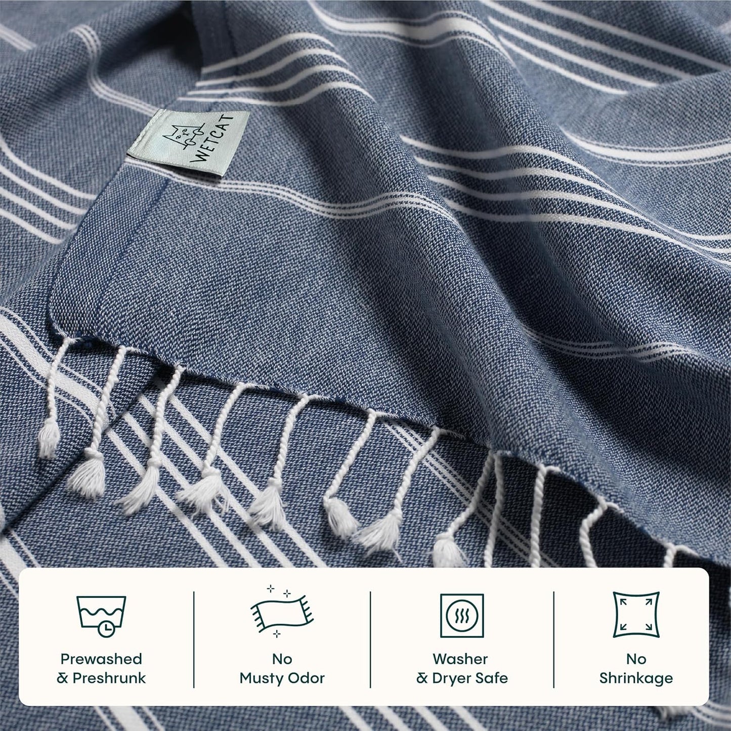 WETCAT Turkish Beach Towel Oversized (38"x71") 100% Turkish Cotton, Made in Turkey - Sand Free, Extra Large, Ultra Soft, Quick Drying, Compact & Lightweight for Travel - Dark Blue