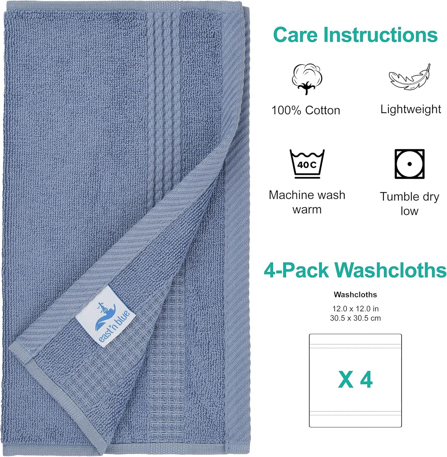 EastNBlue Lara 100% Turkish Cotton Washcloths 4 Pack, Extra Soft & Absorbent Wash Cloths for Face & Body (12" x 12"), Terry Cloth, Small Hand Towels for Bathroom, Navy Blue