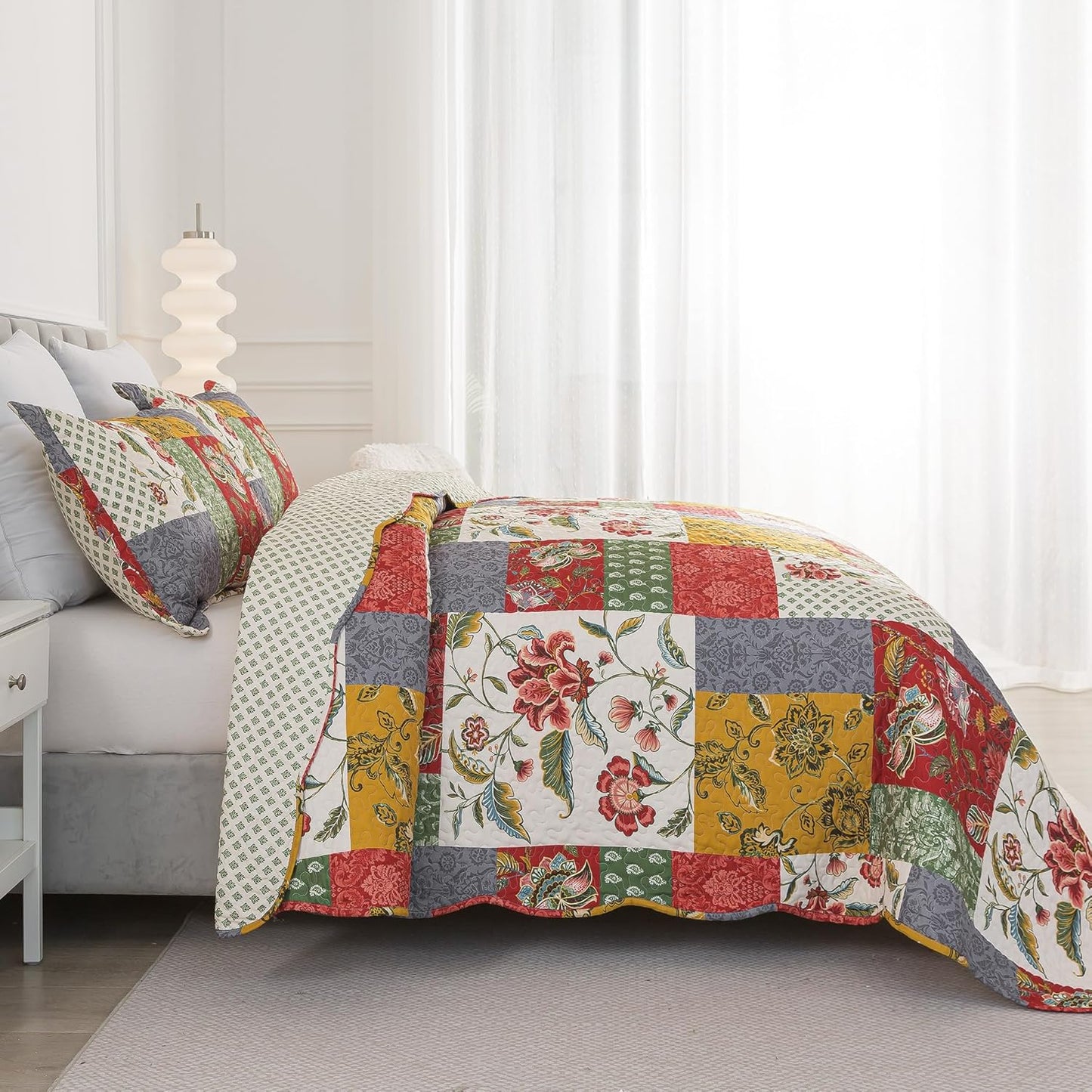 HoneiLife Queen Quilt Bedding Sets - Floral Quilt Bedding Sets 3-Piece 90x96, Microfiber Reversible Bedspreads Patchwork Coverlet Nostalgic Bedding Set All Season Quilts