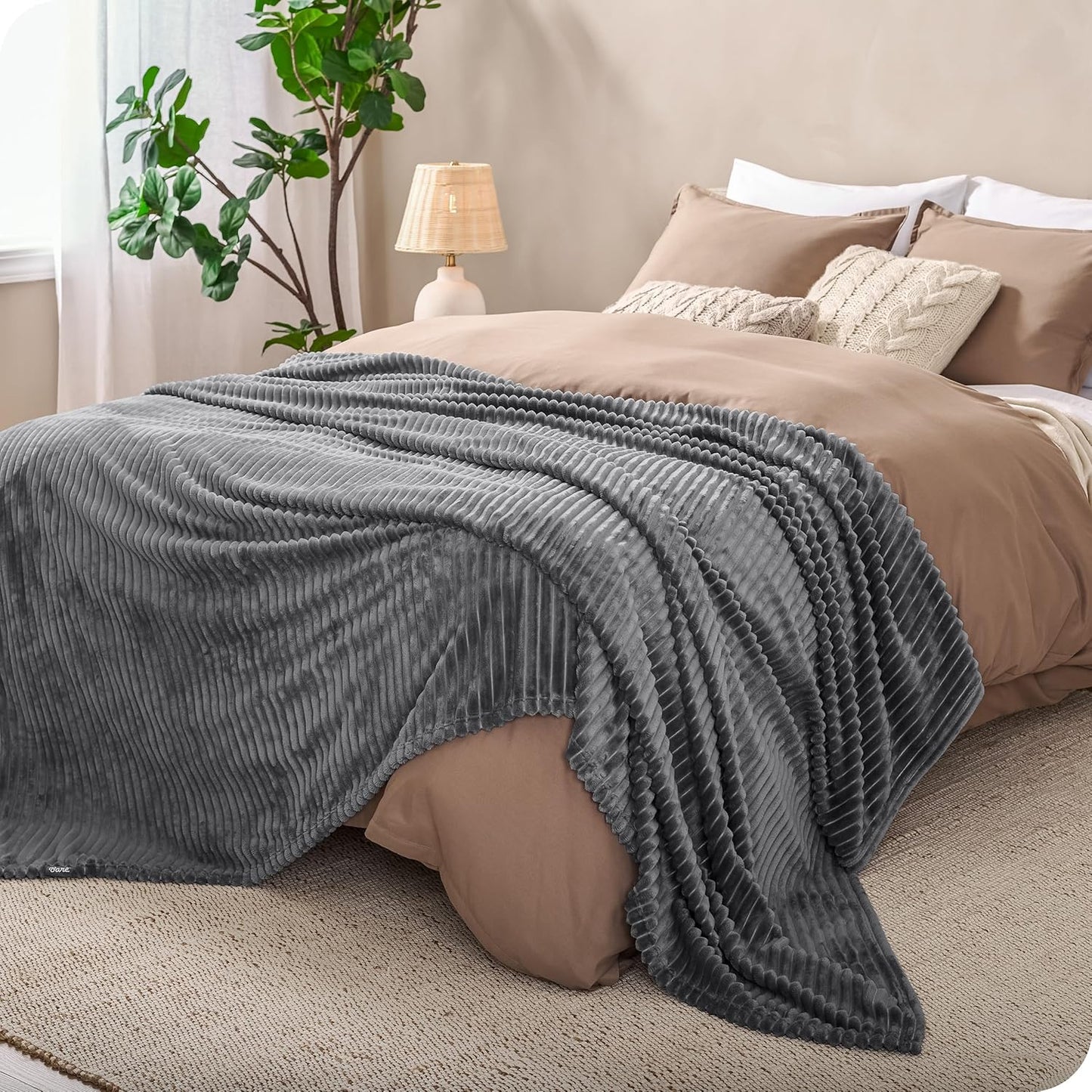 Bare Home Textured Fleece Blanket - Full/Queen - Ultra-Soft Lightweight for Bed, Sofa, and Couch - Luxury Microplush - Cozy Warm Blanket (Full/Queen, Ribbed Grey)