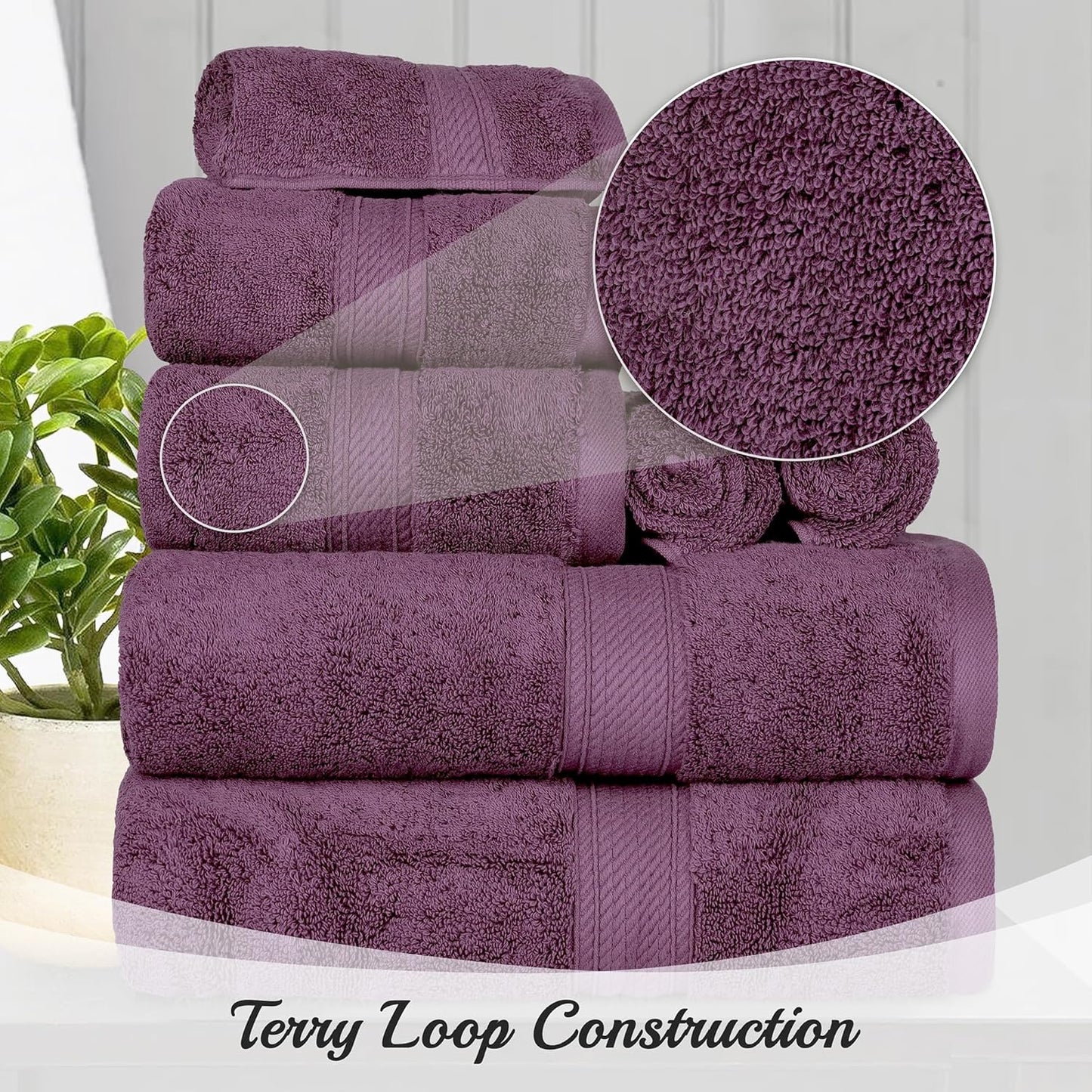 SUPERIOR Egyptian Cotton Pile Bath Towel Set of 4, Ultra Soft Luxury Towels, Thick Plush Essentials, Absorbent Heavyweight, Guest Bath, Hotel, Spa, Home Bathroom, Shower Basics, Plum