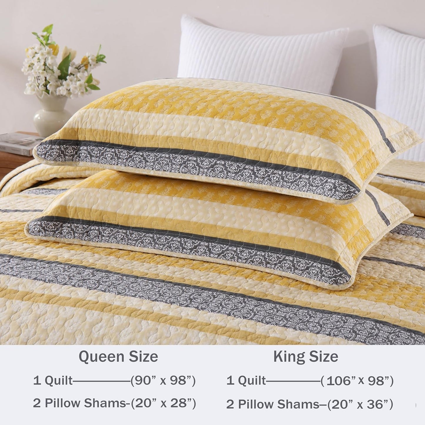 Homzard Quilt Cotton Queen Quilt Bedding Set,Yellow Black Grey Queen Size Comforter Set,Striped Bedspread Queen Size, Lightweight Farmhouse Bed Set Cover All Season 3 Pieces