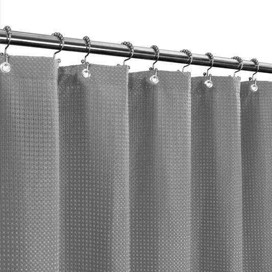 Barossa Design Long Fabric Waffle Weave Shower Curtain 75 inch Height, Hotel Luxury Spa, 230 GSM Heavy Duty, Water Repellent, Machine Washable, Gray Pique Pattern, 71x75