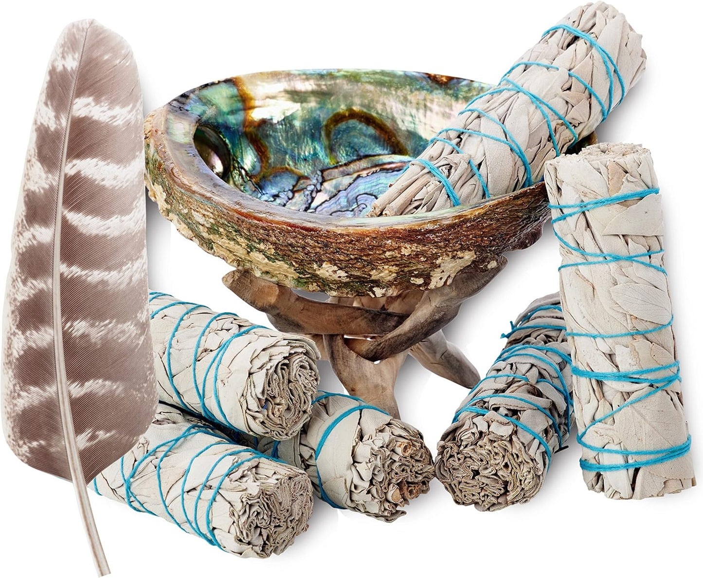 6 White Sage Smudge Kit with Feather + Abalone Shell + Stand + Instructions for Use | Spiritual Use Smoke Cleanse Ceremony Sage Bundle Smudging Kit (6 Sage Smudge Kit)