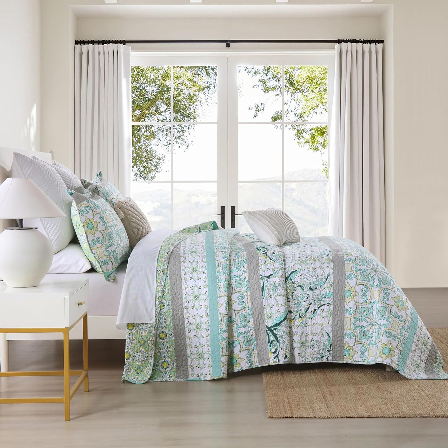 Homzard Sage Green Quilt King Size, Green Floral Quilt King，Cotton Comforter Set (106 * 98 Inches)