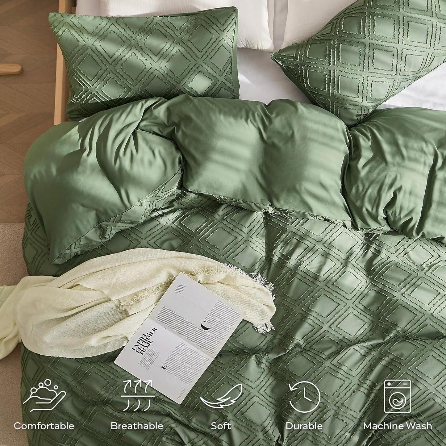 JELLYMONI Duvet Cover King Size Green - 3PCS Boho Duvet Cover Set Plaid Polyester Tufted Bohemian Jacquard Knit Textured Comforter Cover 104×90in Rhombic Geometric Pattern Zipper Corner Tie
