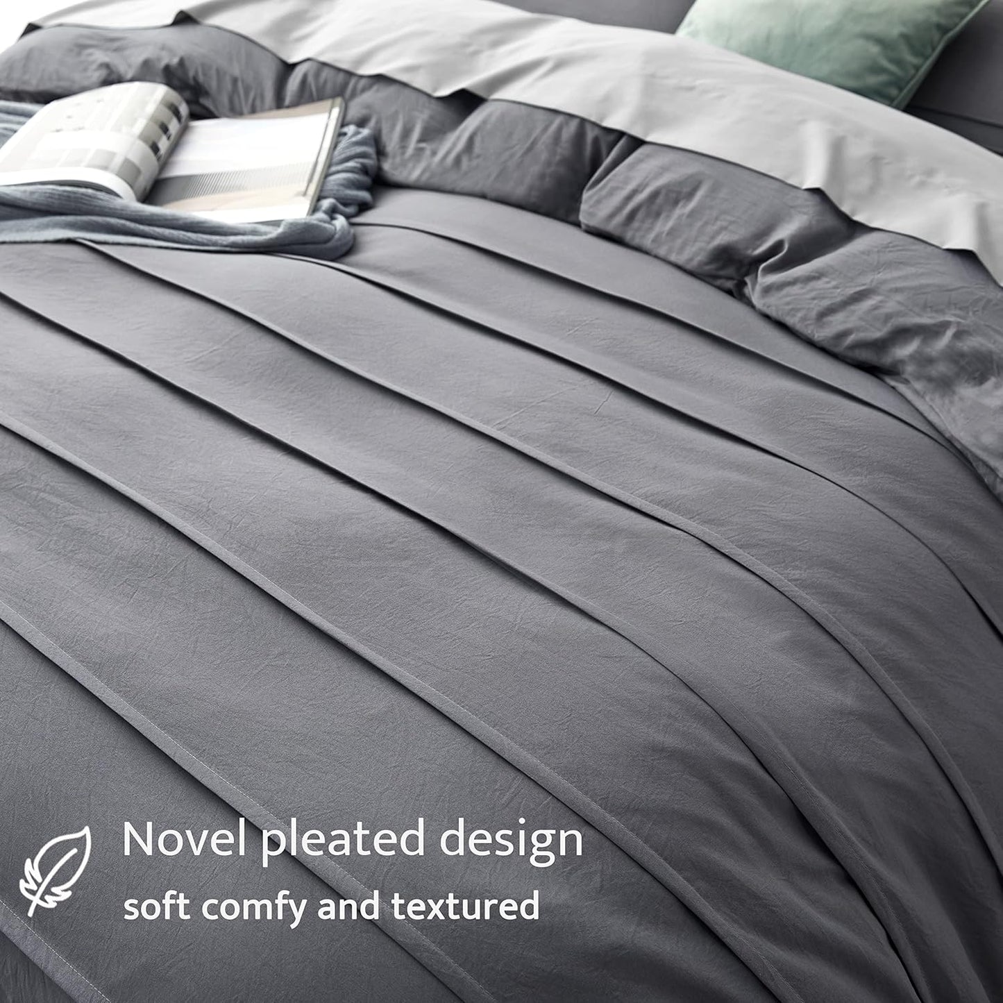 Oli Anderson Grey Duvet Cover Queen Size - Pleated Queen Duvet Cover, 3PCS Soft and Breathable Textured Bedding Set with Zipper Closure(Grey,90"x90")